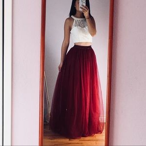 RED TULLE SKIRT + WHITE LACED FORMAL CROP TOP